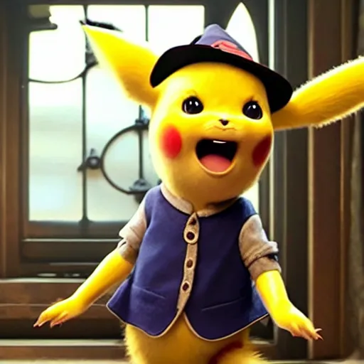 Image similar to a film still of a little witch in detective pikachu