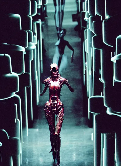 Image similar to walking down the catwalk, steven klein, ben watts, show, stage, vogue photo, podium, fashion show photo, iris van herpen, beautiful woman, perfect body, full body shot, helmet on face, masterpiece, guyver, jellyfish, biomechanical details, movie still, fauvism, cinestill, bokeh, gelios lens