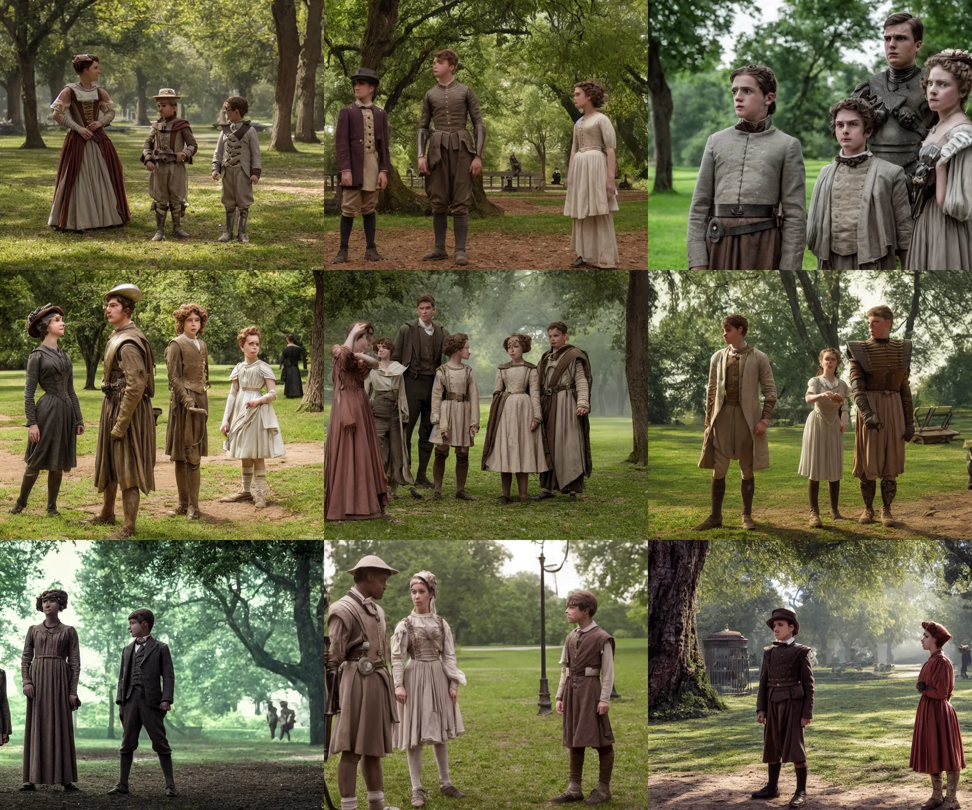 Prompt: sharp, highly detailed, film from a 2 0 1 9 sci fi 8 k movie, time travelers appear in a park, a boy from the roman empire and a girl from 1 8 7 0, each wearing correct era clothes, atmospheric lighting, in focus, reflective eyes, 3 5 mm macro lens, live action, octane, nice composition