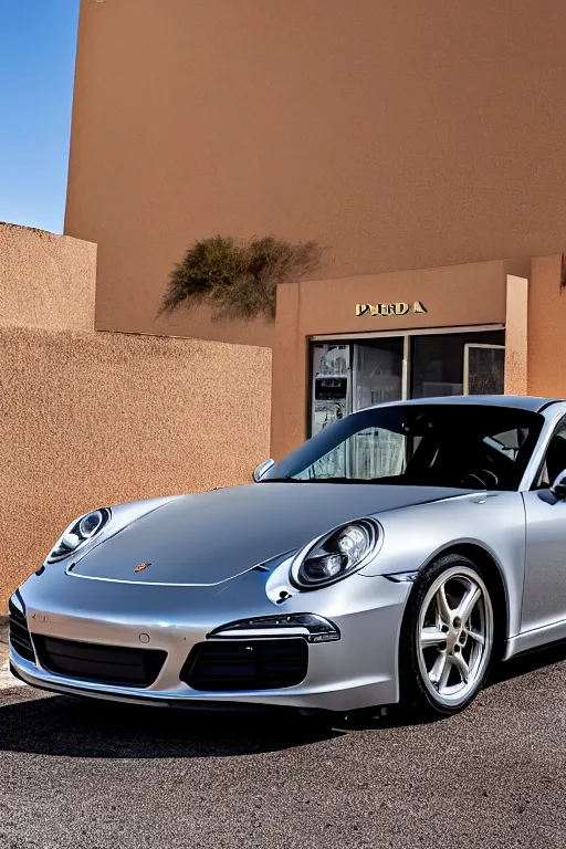 Image similar to Photo of a silver Porsche 911 Carrera 3.2 parked in front of a Prada Store in the desert, daylight, award winning, high resolution, well composed, cinematic.