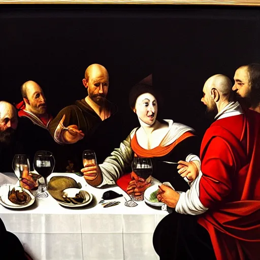 Image similar to painting of Leaders of the world having supper together, style of Caravaggio