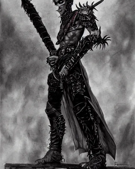 Image similar to portrait of a skinny punk goth sorceror wearing armor by frank fazetta, fantasy, barbarian, hardcore