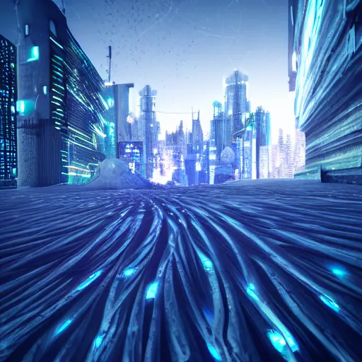 Image similar to nightscape, cityscape made of sculpted ice, cyberpunk, quantum wavetracing,