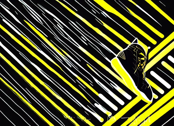 Image similar to glowing black basketball sneaker, wth short golden lines, yellow details, symmetrical, highly detailed, digital art, sharp focus, trending on art station, samurai, electricity superpowers, anime art style