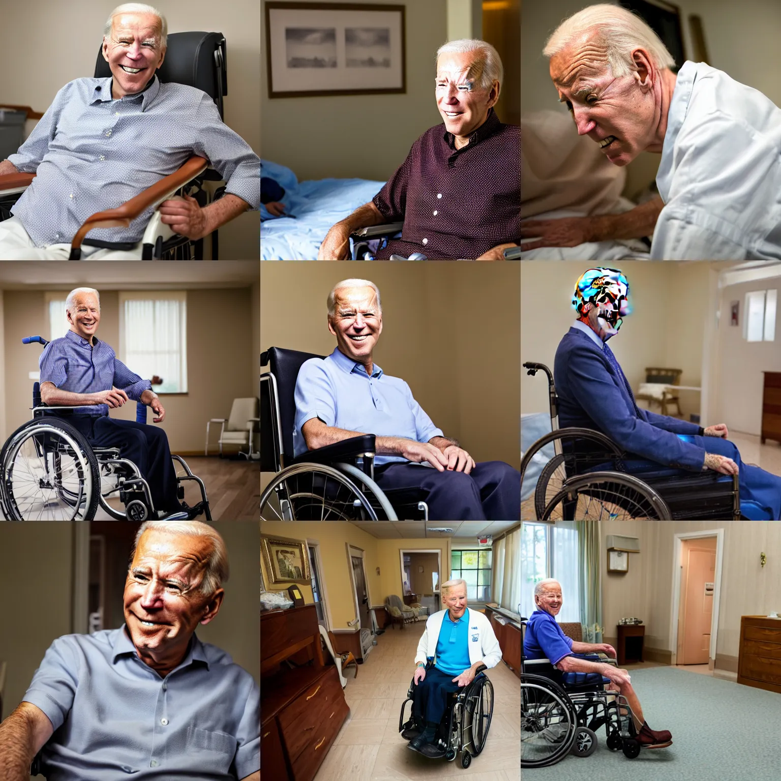 Prompt: high-res photo portrait of wrinkly-skin Joe Biden in a nursing home in a wheelchair, 8k, HDR