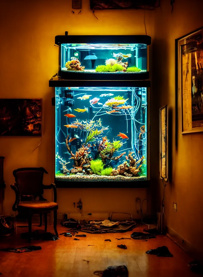 Image similar to telephoto 7 0 mm f / 2. 8 iso 2 0 0 photograph depicting the feeling of chrysalism in a cosy safe cluttered french sci - fi art nouveau cyberpunk apartment in a dreamstate art cinema style. ( ( ( fish tank ) ) ), ambient light.