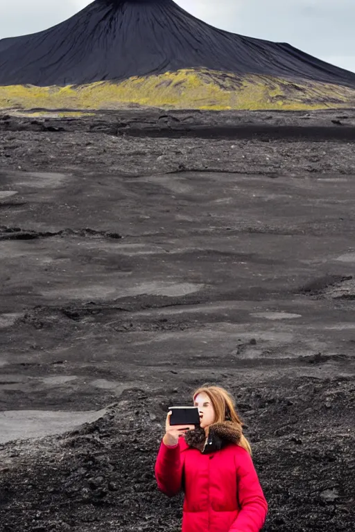 Prompt: girl taking selfie, blurred background, in front of icelandic volcano