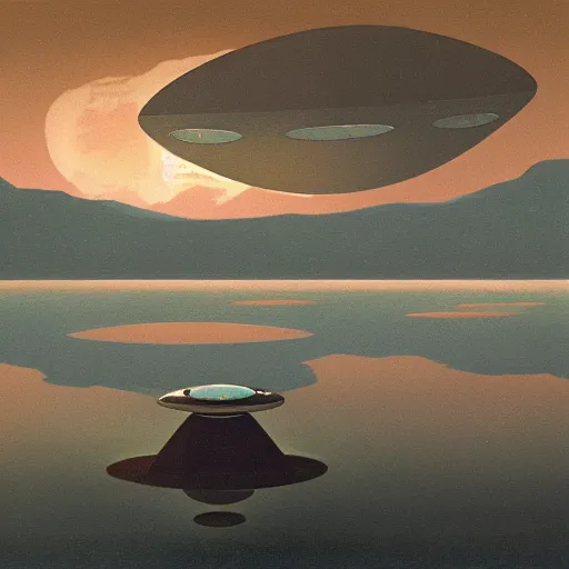 Image similar to a giant metal sphere, addorned with canadian aboriginal patterns, hovering above a lake in Yukon, Ralph McQuarrie, concept art, dramatic perspective.