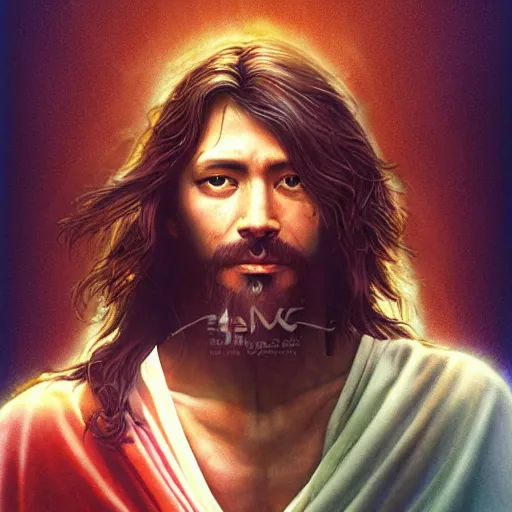 Image similar to UHD photorealistic studio portrait of a Jesus skateboarding , extremely detailed, 8k, cinematic lighting, in the style of Amano and Ayami Kojima, with vivid colors and rich composition