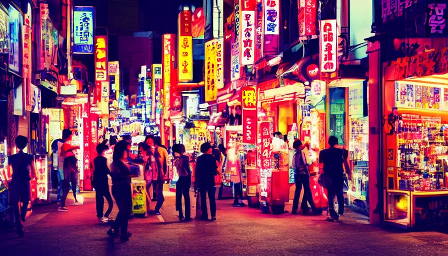 Image similar to street scene outside a japanese fireworks shop with people drinking and being happy, artistic shot, dynamic lighting, night time, neon lights