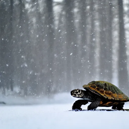 Image similar to a turtle in a winter forest looking up at birds