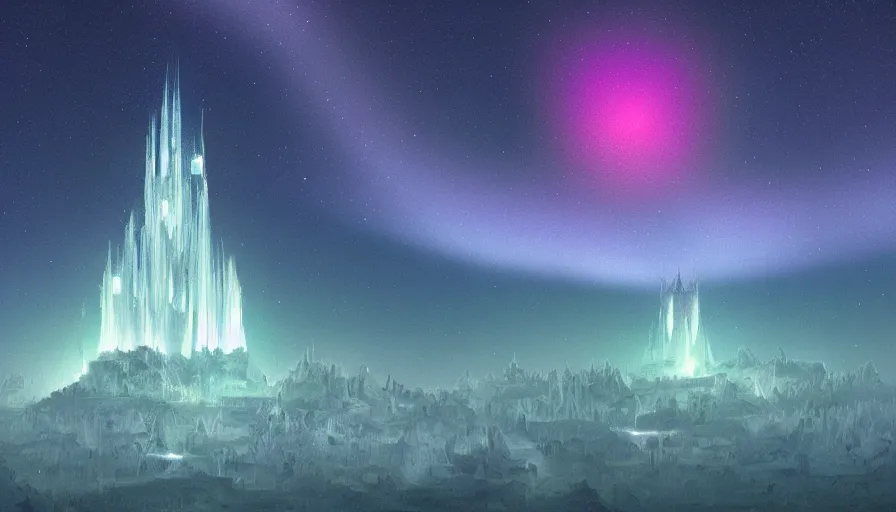 Prompt: The radiant citadel. Floating in the deep ethereal and pierced by the Auroral diamond