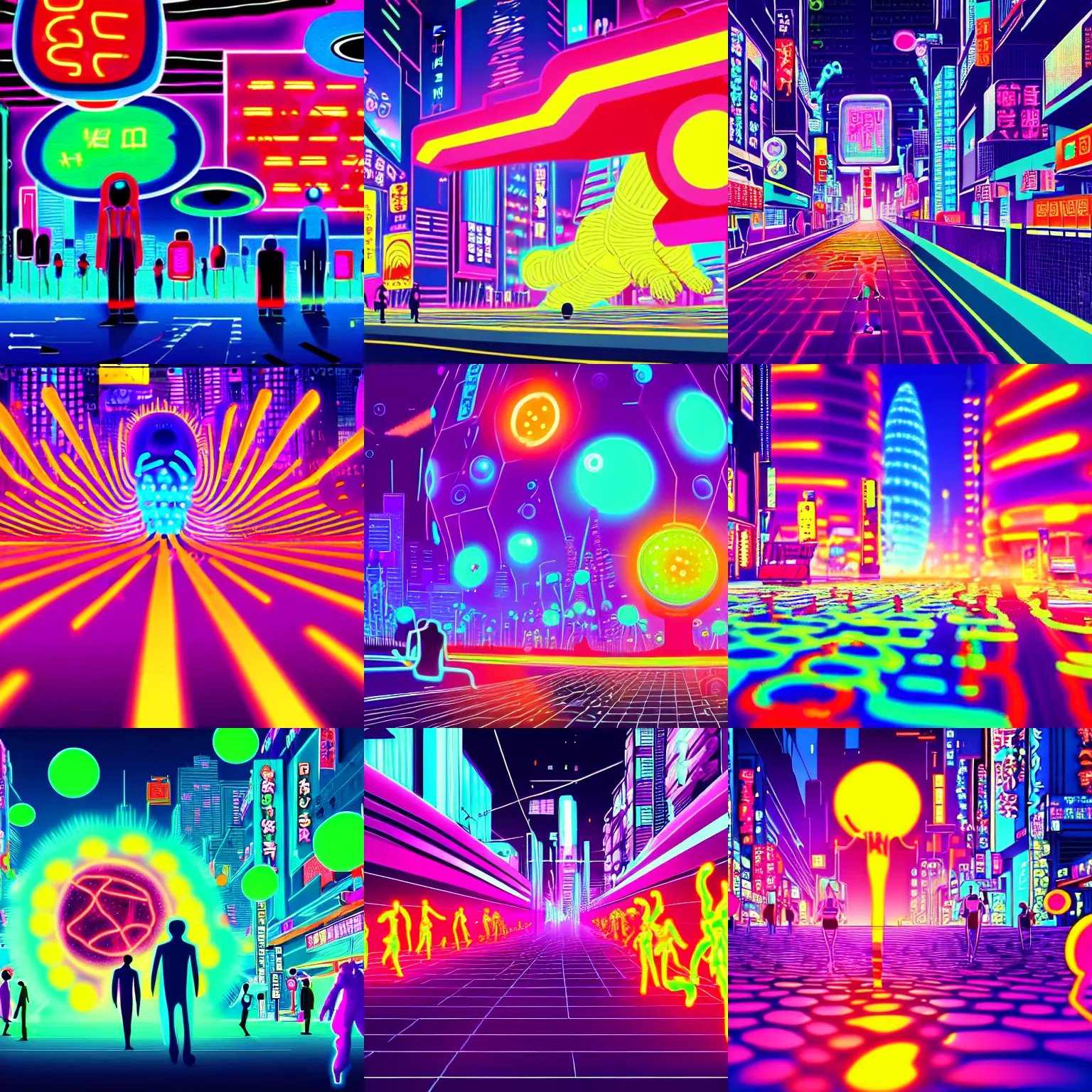Prompt: giant colorful bright microbe and virus and dna and bacteriophage eat people in streets, neo - tokyo, futurism, neon signs, 8 k, ultra detailed