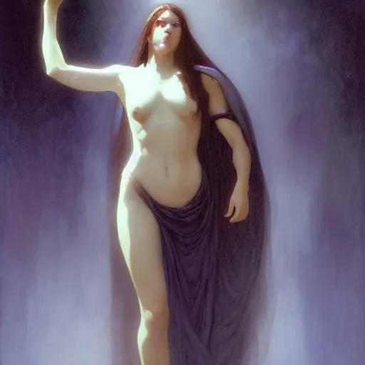 Image similar to concept art painting of attractive figure the called the ghost of the moonbow queen, black cloak, a rainbow in the dark, rainbow, by Michael Whelan, William Adolphe Bouguereau, John Williams Waterhouse, and Donato Giancola, cyberpunk, extremely moody lighting, glowing light and shadow, atmospheric, shadowy, cinematic, 8K