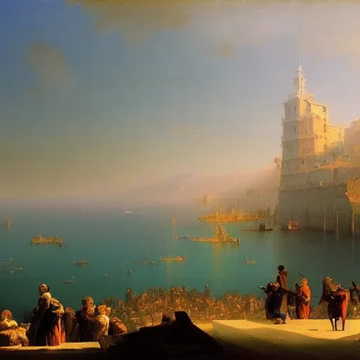 Prompt: A detailed matte painting of Genoa in the 15th century, trending on artstation by Ivan Aivazovsky