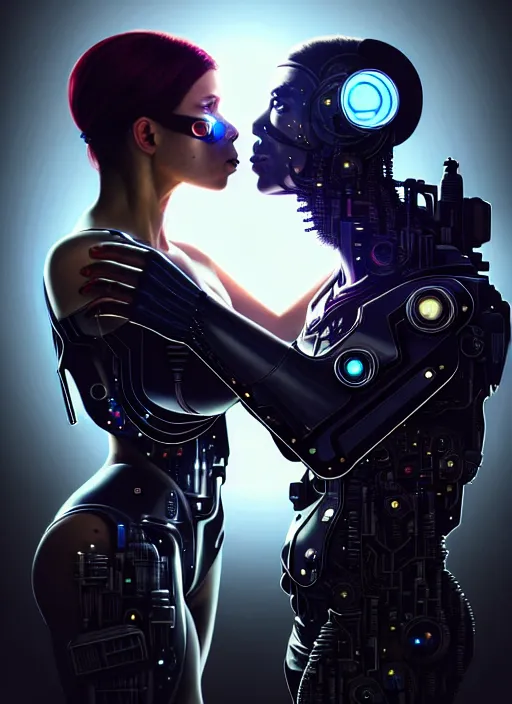 Prompt: ultra realistic medium shot of a couple of cyborgs lovers, kissing, cyberpunk, sci - fi, fantasy, kodak, photorealistic illustration, colour led, soft light, volumetric lighting, night, intricate, highly detailed, digital painting, concept art, smooth, sharp focus, illustration, art by artgerm and greg rutkowski and alphonse mucha