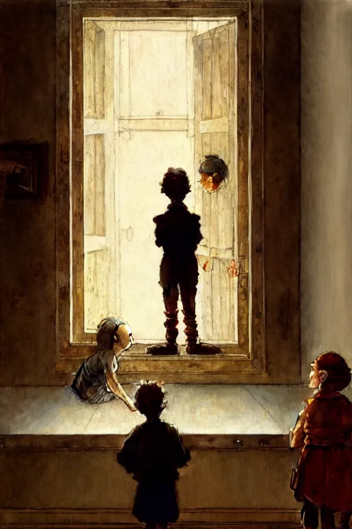 Prompt: a 1 2 year old boy and 3 year old girl looking at a wall full of ghosts, part by norman rockwell, part by greg rutkowski, part by mattias adolfsson, high angle, ( ( ( ( volumetric lighting ) ) ) ), oil on canvas