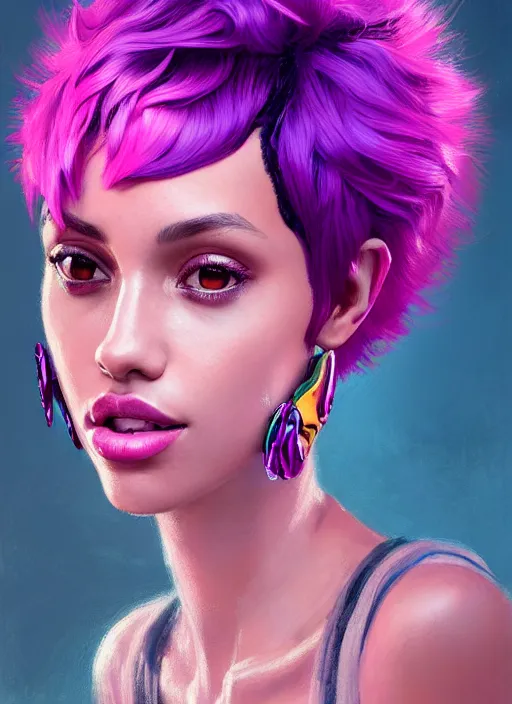 Image similar to portrait of vanessa morgan with bright pink hair, curly pixie cut hair, wearing a purple breton cap, breton cap, hoop earrings, intricate, elegant, glowing lights, highly detailed, digital painting, artstation, concept art, smooth, sharp focus, illustration, art by wlop, mars ravelo and greg rutkowski