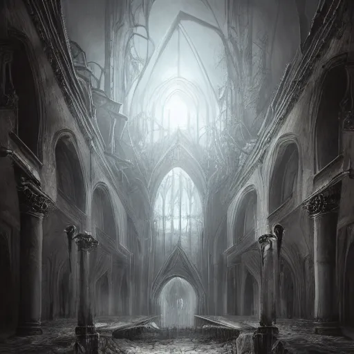 Prompt: a dark haunted cathedral, demonic, scary architecture, epic fantasy art, sharp, fantasy, mystical atmosphere, mist, gloomy, horror, trending on artstation, deviantart, high detail, photorealistic, hyperrealistic, high definiton, 4 k uhd