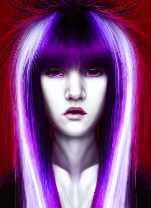 Image similar to hair whitebangs hair, black cyberlox, portrait of teenage girl with white bangs, whitebangsblackhair, messy bangs, cyberlox, whitebangs, red irises, purple clothes, intricate, elegant, glowing lights, highly detailed, digital painting, artstation, concept art, sharp focus, illustration, art by wlop, mars ravelo and greg rutkowski