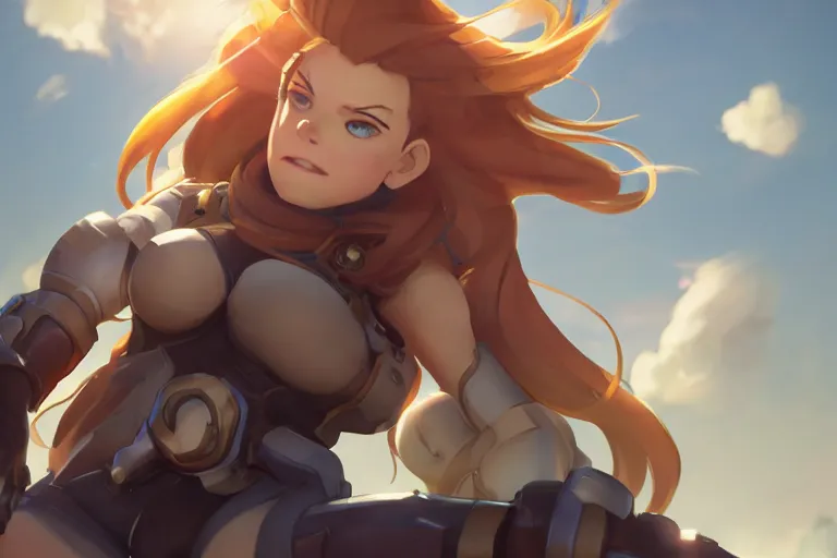 Prompt: brigitte from overwatch, single subject, scenic full shot, ambient lighting,, playful smirk, detailed face, by makoto shinkai, stanley artgerm lau, wlop, rossdraws.