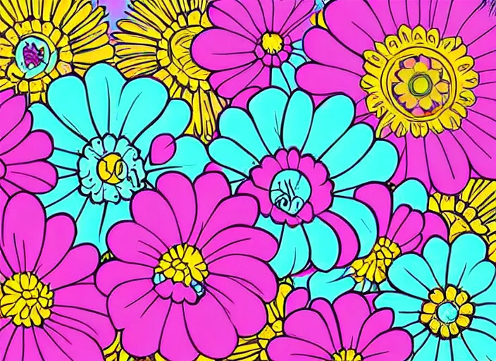 Image similar to beautiful flowers, graffiti stencil illustration, intricate detail, vivid pastel colors, clean lines