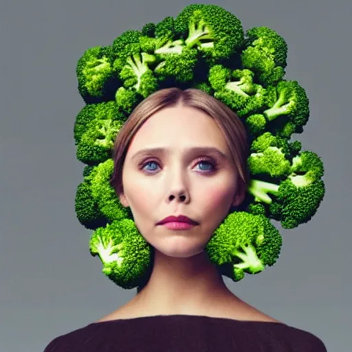 Prompt: elizabeth olsen has a [ [ head made of broccoli for a face ] ]!!, trending on cgsociety, 4 k quality, intricate