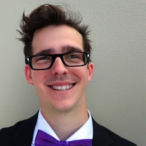 Prompt: a picture of dustin, a man with short brown hair, he outside on a bright day. he wears thick, black-rimmed glasses and smiles at the camera. he is wearing a blue collared shirt with a purple bow tie.