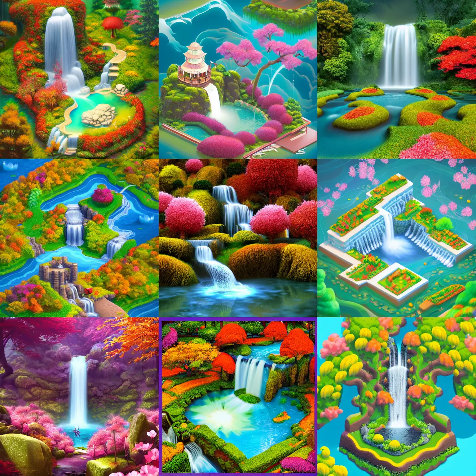 Prompt: isometric webdesign icon for paradise autumn sakura garden with waterfall, 3d render, by Artgerm, tooth wu, dan mumford, beeple, wlop, rossdraws, James Jean, Andrei Riabovitchev, Marc Simonetti, yoshitaka Amano, Artstation