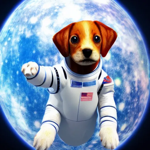 Prompt: photorealistic photograph of a puppy in a spacesuit floating through the cosmos, realism, 4k