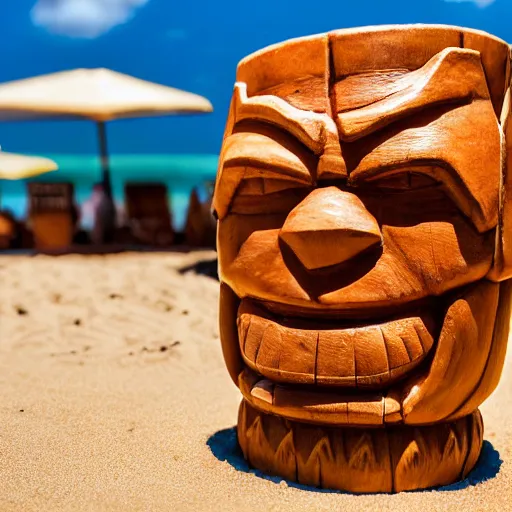 Image similar to a closeup photorealistic photograph of ben grimm's face on a tiki mug at trader vic's beach bar. fantastic four. tiki culture. bright scene. fine detail. this 4 k hd image is trending on artstation, featured on behance, well - rendered, extra crisp, features intricate detail, epic composition and the style of unreal engine.