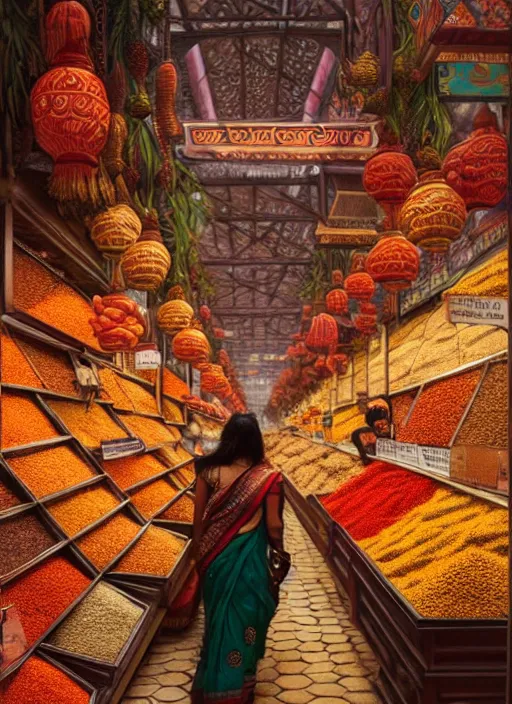 Prompt: an indian woman shopping at a spice market at night, wet, shiny, fantasy, intricate, elegant, hyper detailed, ultra definition, photoreal, artstation, unreal engine rendered, concept art, smooth, sharp focus, illustration, art by artgerm and greg rutkowski and alphonse mucha and garis edelweiss