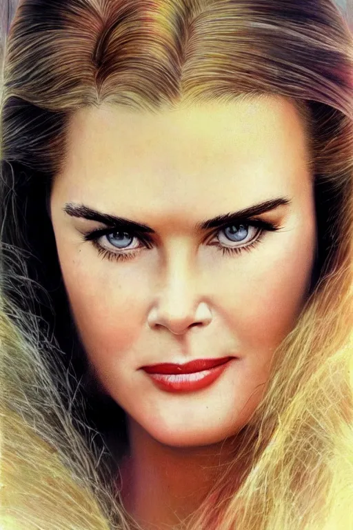 Image similar to mix of beautiful young maria shriver, mariel hemmingway, brooke shields, nicole kidman and elle macpherson as a young bikini model, thin lips, hair tied up in a pony tail, dark blonde hair, colorful, artstation, cgsociety