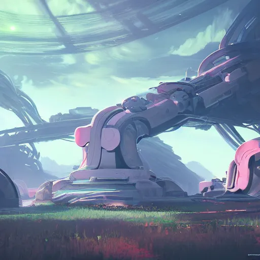 Image similar to beautiful landscape, nier automata, protoss temple, machine planet, pink sun, advanced technology, cinematic lighting, highly detailed, masterpiece, art by bastien grivet