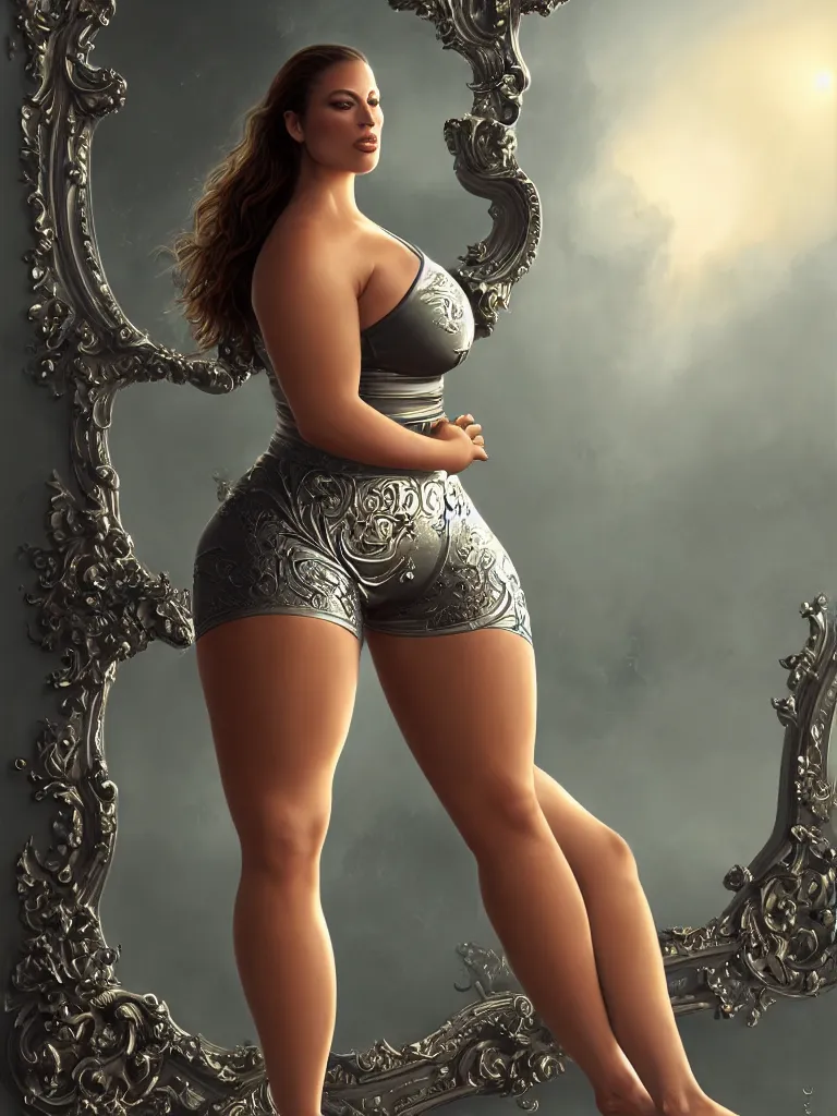 Image similar to beautiful ashley graham in lycra yoga shorts, chrome futuristic detail misty foggy mike jordana, konstantin porubov, valeriy vegera, hypermaximalist, elegant, ornate, rococo, baroque ornament detail, elite, creepy, radiant, matte painting, cinematic, cinematic lighting, corel painter, cgsociety, atmospheric