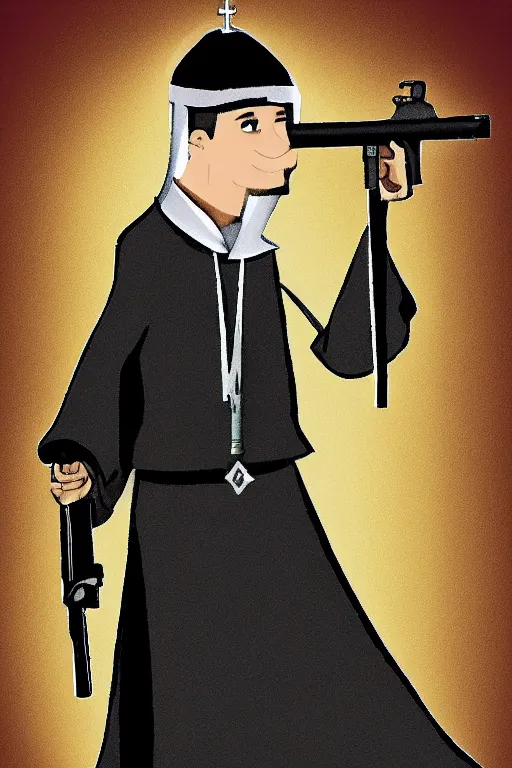 Image similar to male nun with a gun, Character design