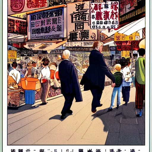 Image similar to glossy old advertising poster, chubby baby donald trump walking through crowded hong kong street, vendors, drawn comic by junji ito, pastels, gradient