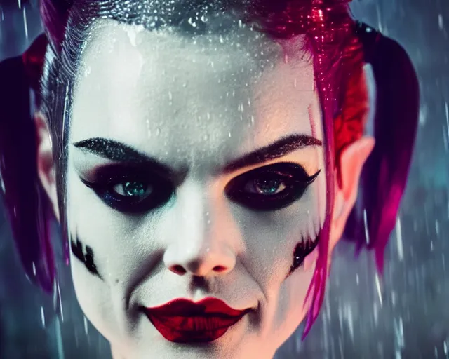 Prompt: closeup headshot of seductive harley quinn in the rain, bladerunner, backlit, night club, futurepunk, gta v, pinup, nagel, arney freytag, dark moody, cinematic, greg rutkowski, octane!