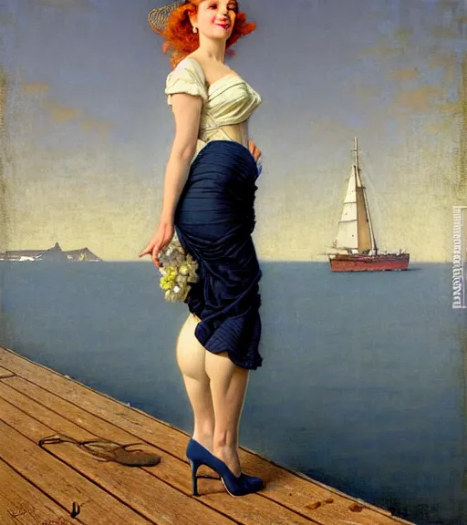 Prompt: a fancy beautiful young lady standing on a wharf at the edge of the sea by brom and gil elvgren and jean delville and norman rockwell and michael whelan, crisp details, hyperrealism, high detail, high contrast, low light, grey mist, cobblestones, dim lantern, stylish navy blue heels