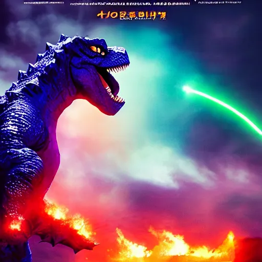 Image similar to barney the dinosaur stars in the new godzilla movie as godzilla, shooting lasers from his mouth at tokyo city, movie poster, blockbuster film, promotional