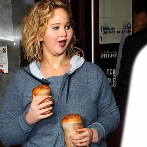 Prompt: fat jennifer lawrence crying in mcdonalds eating a burger