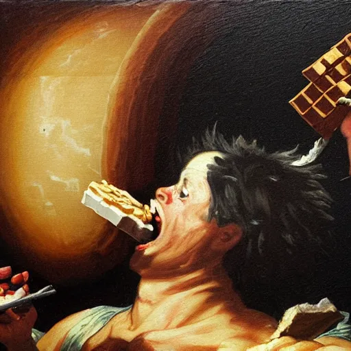 Image similar to saturn devouring a snickers chocolate bar, goya painting, in the style of goya and greg rutkowski, in the style of black paintings, 8 k, highly realistic