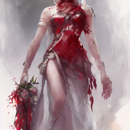 Image similar to The bride in a bloody dress, by Stanley Artgerm Lau, WLOP, Rossdraws, James Jean, Andrei Riabovitchev, Marc Simonetti, Yoshitaka Amano, ArtStation, CGSociety,