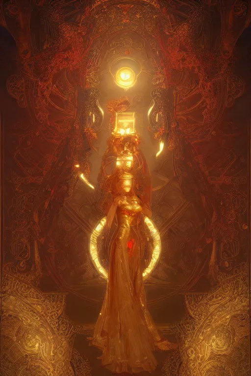 Prompt: tarot card artstation, portrait of a robot love dancer, sunrise, baroque ornament and rococo ornament, ancient chinese ornate, hyperdetailed, beautiful lighting, craig mullins, mucha, klimt, yoshitaka amano, red and gold and orange color palette