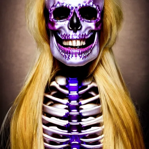 Image similar to a detailed professional portrait of a fancy skeleton with expressive features and metallic teeth, metal teeth, professional photography, longshot, full portrait, skeleton in a suit, purple glowing eyes