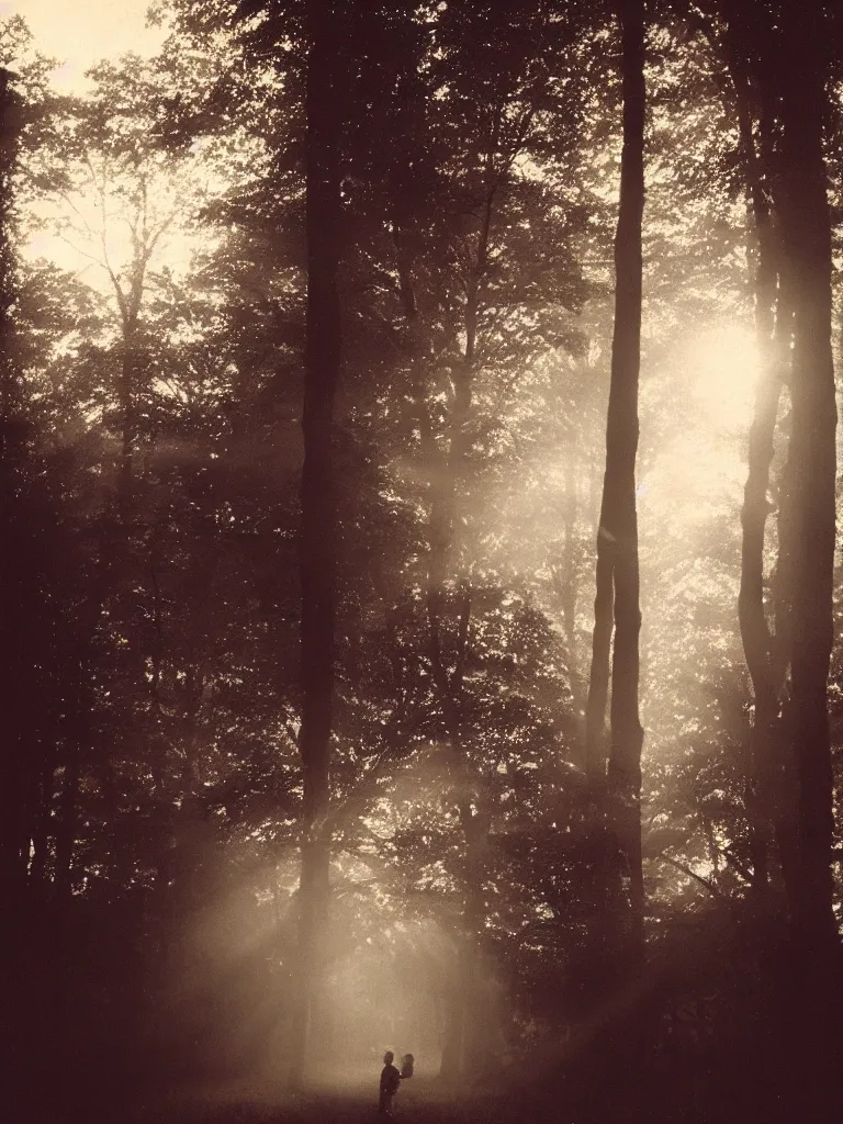 Image similar to a boy and a girl side by side, posing for a picture, a ray of light between their faces, god rays through fog, nostalgic, night, some trees in the background, dramatic reddish light, atmospheric, 1 9 7 0 s polaroid