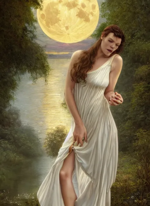 Prompt: milla jovovich in white nightgown reading a book by a river, full moon in a dark starry sky, golden orbs and fireflies, illustration, dramatic lighting, soft details, painting oil on canvas, art nouveau, octane render, 8 k, by edmund blair leighton, brom, charlie bowater, trending on artstation, faces by tom bagshaw, sargent