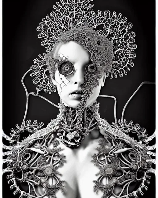 Image similar to surreal black and white photo portrait of complex bio-mechanical beautiful young female vegetal-cyborg with a Mandelbrot fractal steampunk metal fine lace face, curled silver hair and a fine metal floral foliage super big lace collar by Alexander McQueen:: high fashion, haute couture, rococo, steampunk, silver filigree details, anatomical, facial muscles, cable wires, microchip, elegant, hyper realistic, 150 mm lens, soft rim light, octane render, unreal engine, picture was taken in 1910 by Dora Maar, volumetric lighting, 8k,