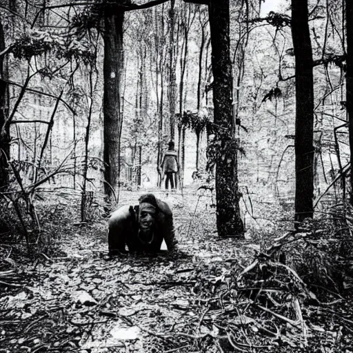 Prompt: creepy forest, creepy creature eating man on the ground, horror photo, photo from cctv footage, black and white