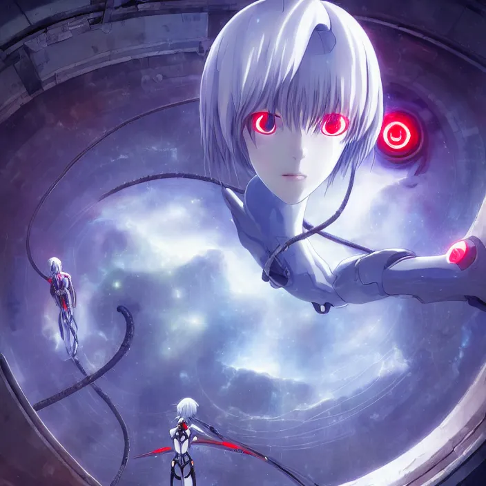 Image similar to Female Anime Character rei ayanami cyborg, giygas, epcot, inside a space station, eye of providence, Beksinski Finnian vivid Wojtek William to eye, hellscape, mind character, Environmental occlusion theme Jia, a William mans character, Artstation station female hyperdetailed with , rei ayanami